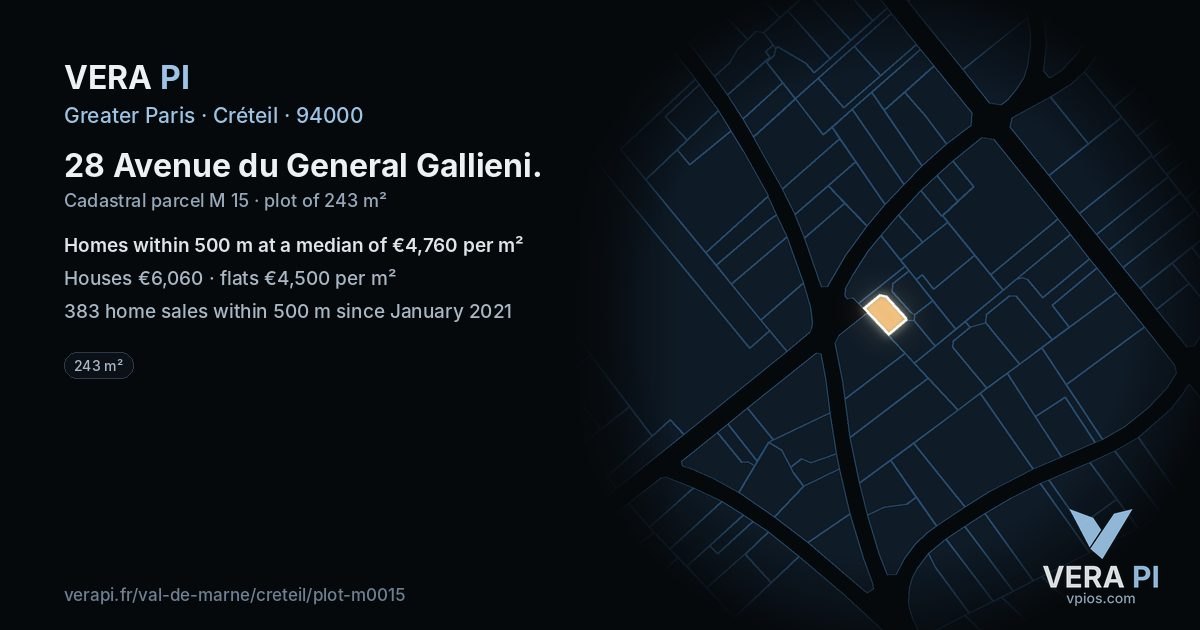 28 Avenue du General Gallieni, Créteil at night – the plot lit, the parcels around coloured by the prices near them