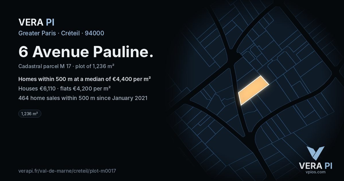 6 Avenue Pauline, Créteil at night – the plot lit, the parcels around coloured by the prices near them