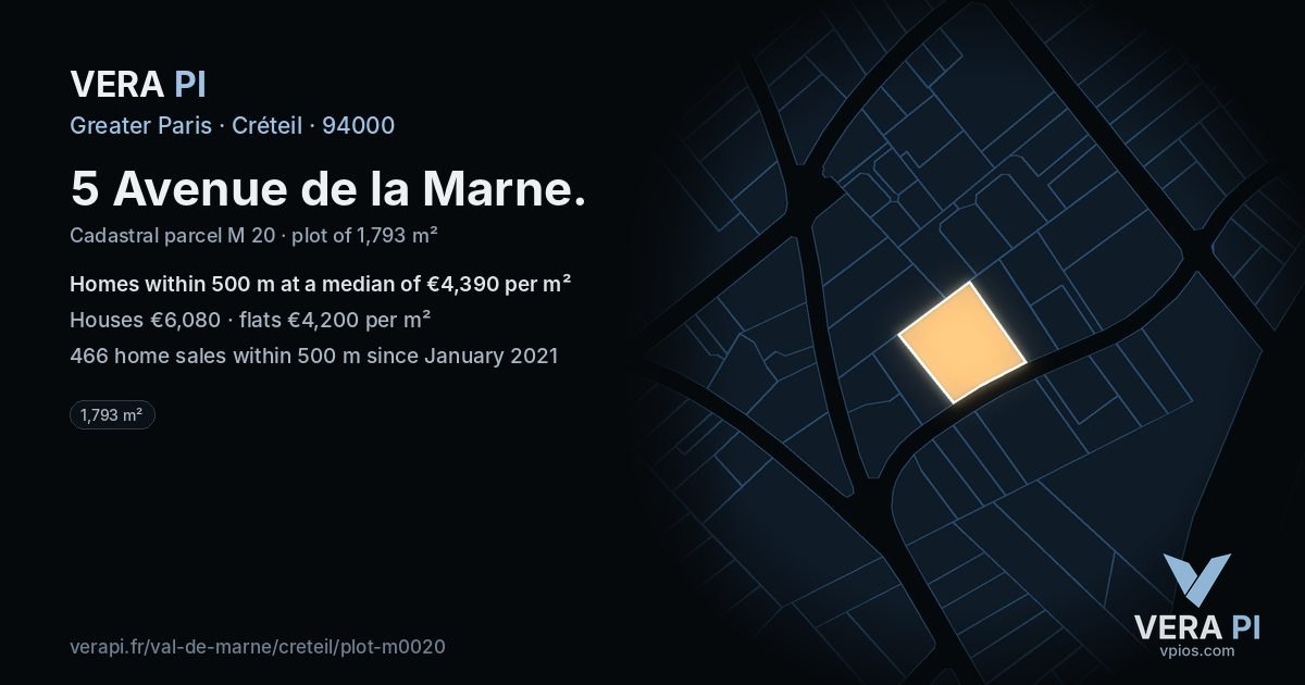 5 Avenue de la Marne, Créteil at night – the plot lit, the parcels around coloured by the prices near them