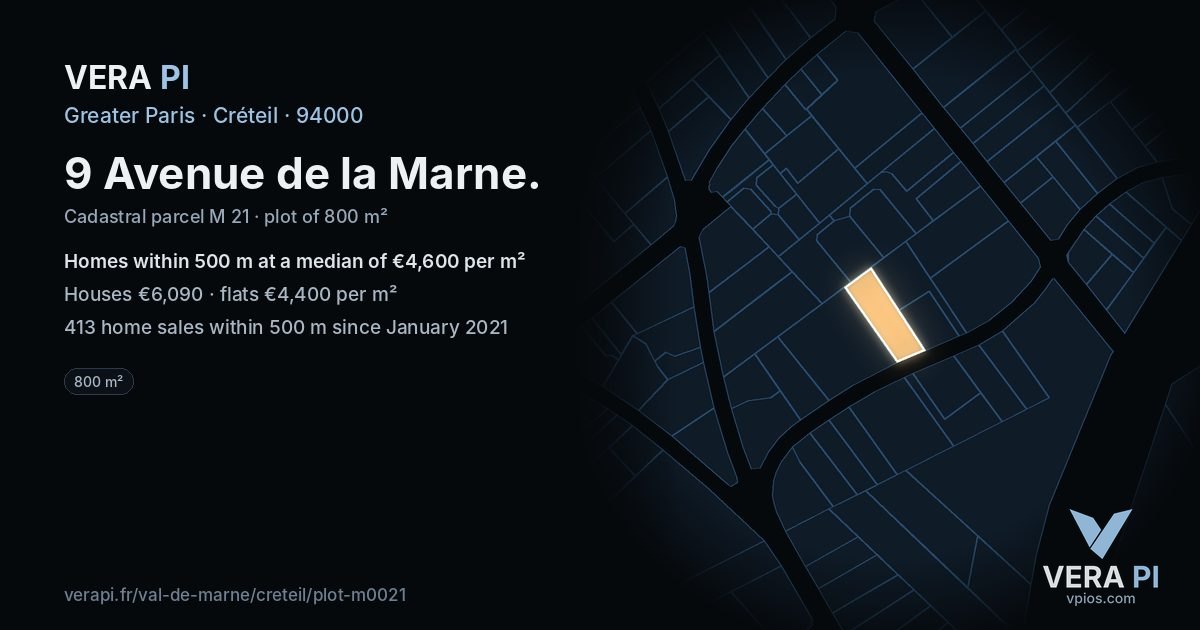 9 Avenue de la Marne, Créteil at night – the plot lit, the parcels around coloured by the prices near them