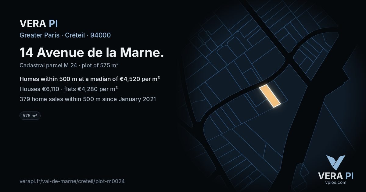 14 Avenue de la Marne, Créteil at night – the plot lit, the parcels around coloured by the prices near them