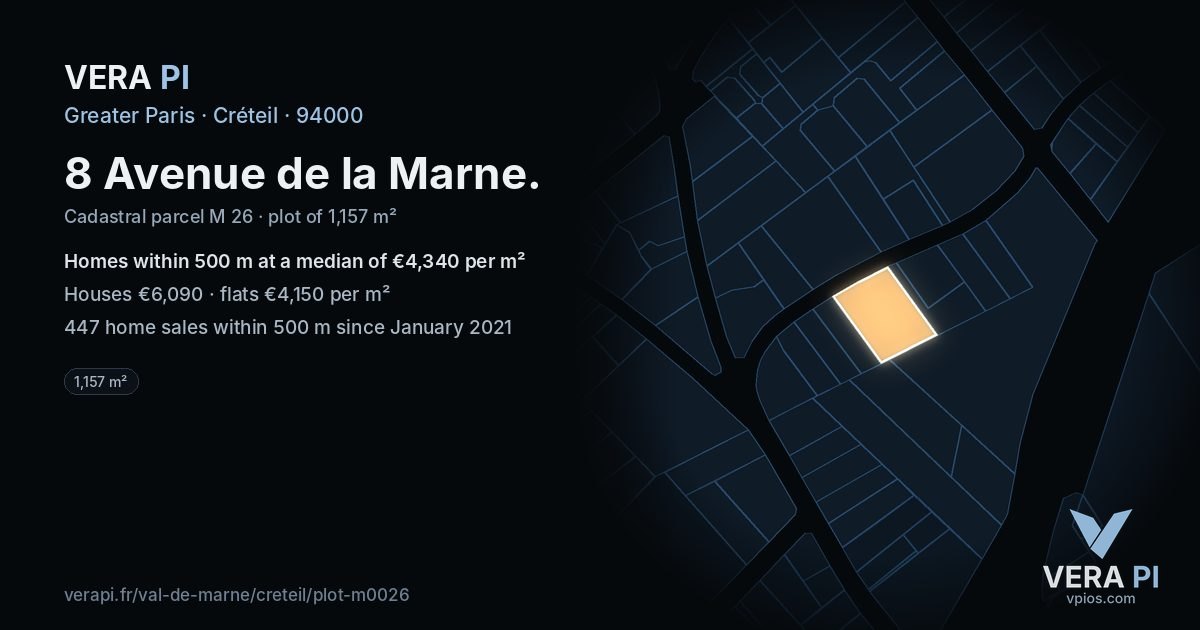 8 Avenue de la Marne, Créteil at night – the plot lit, the parcels around coloured by the prices near them
