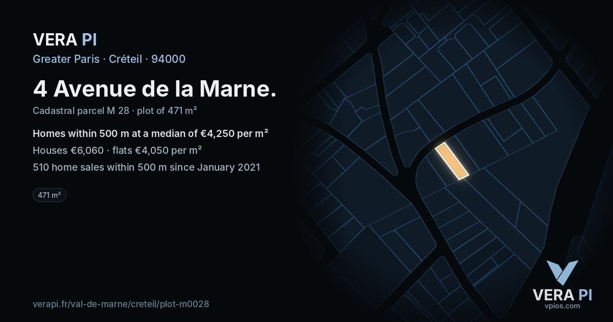 4 Avenue de la Marne, Créteil at night – the plot lit, the parcels around coloured by the prices near them