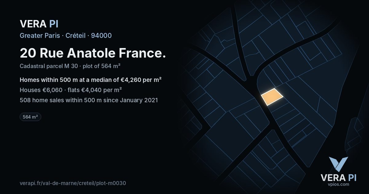 20 Rue Anatole France, Créteil at night – the plot lit, the parcels around coloured by the prices near them