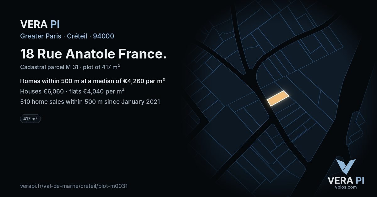 18 Rue Anatole France, Créteil at night – the plot lit, the parcels around coloured by the prices near them