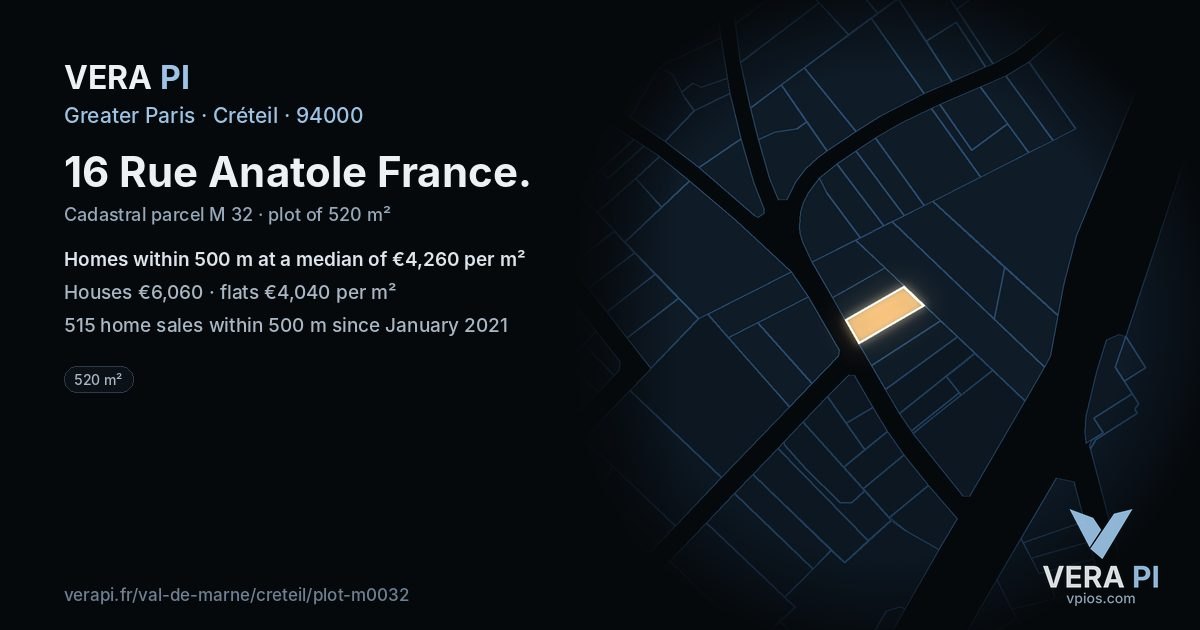 16 Rue Anatole France, Créteil at night – the plot lit, the parcels around coloured by the prices near them