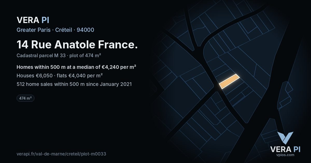 14 Rue Anatole France, Créteil at night – the plot lit, the parcels around coloured by the prices near them