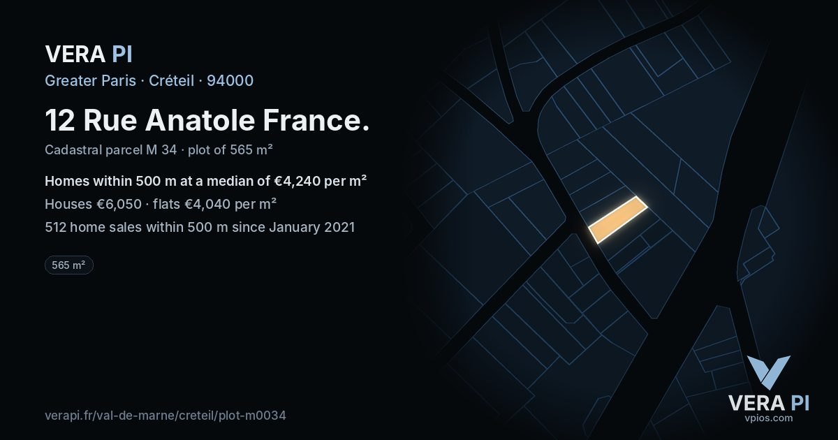 12 Rue Anatole France, Créteil at night – the plot lit, the parcels around coloured by the prices near them