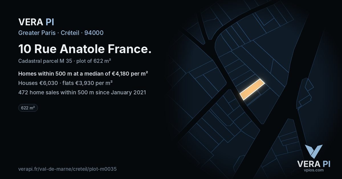 10 Rue Anatole France, Créteil at night – the plot lit, the parcels around coloured by the prices near them