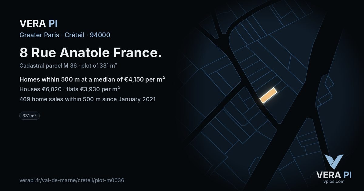 8 Rue Anatole France, Créteil at night – the plot lit, the parcels around coloured by the prices near them