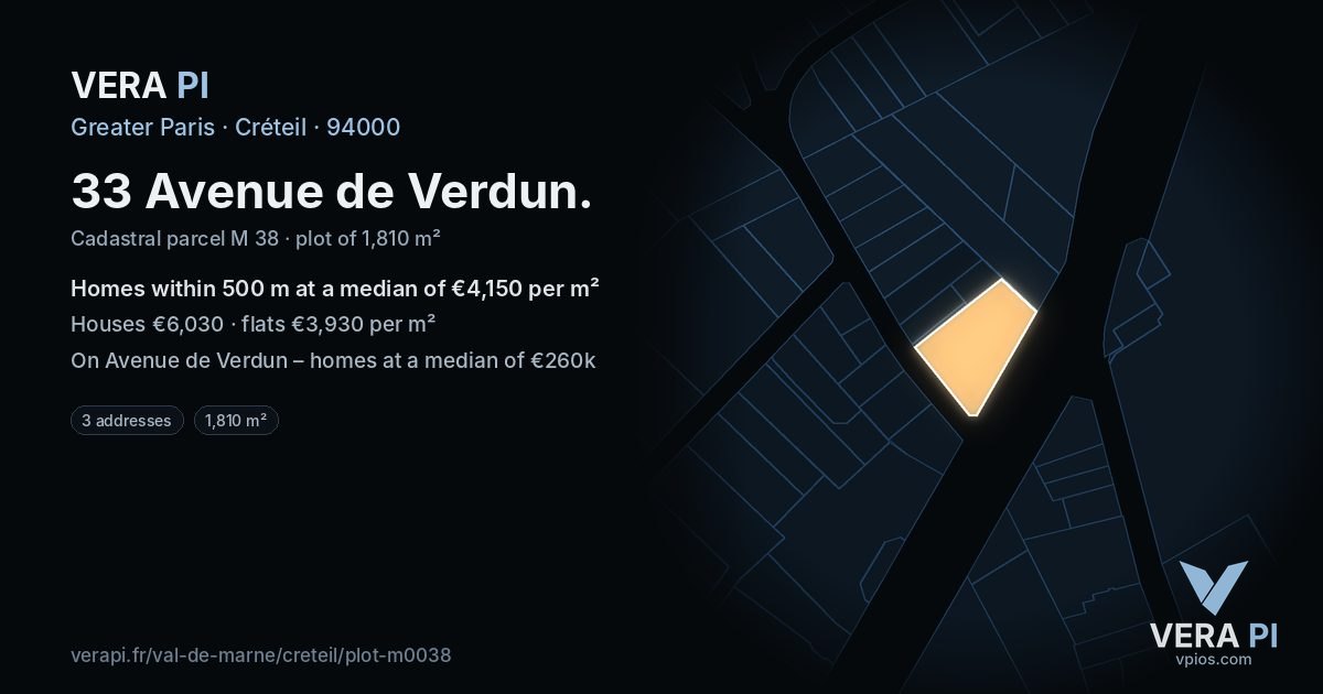 33 Avenue de Verdun, Créteil at night – the plot lit, the parcels around coloured by the prices near them