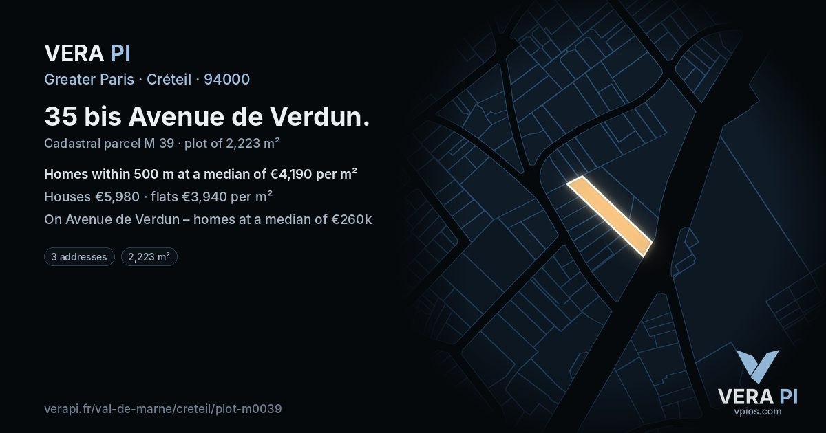 35 bis Avenue de Verdun, Créteil at night – the plot lit, the parcels around coloured by the prices near them