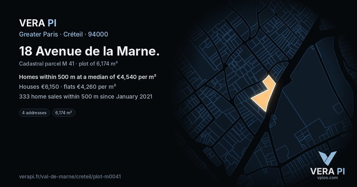18 Avenue de la Marne, Créteil at night – the plot lit, the parcels around coloured by the prices near them