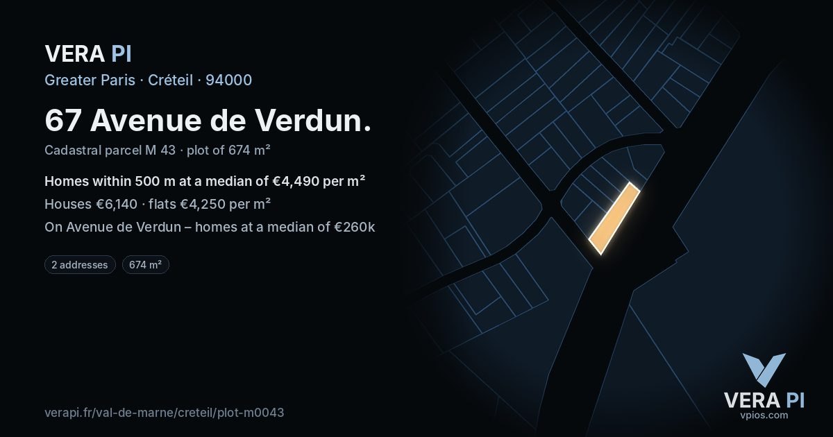 67 Avenue de Verdun, Créteil at night – the plot lit, the parcels around coloured by the prices near them