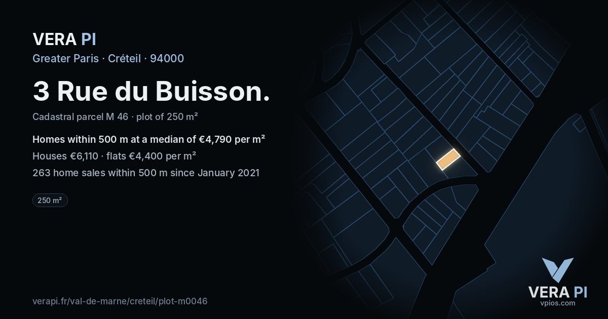 3 Rue du Buisson, Créteil at night – the plot lit, the parcels around coloured by the prices near them