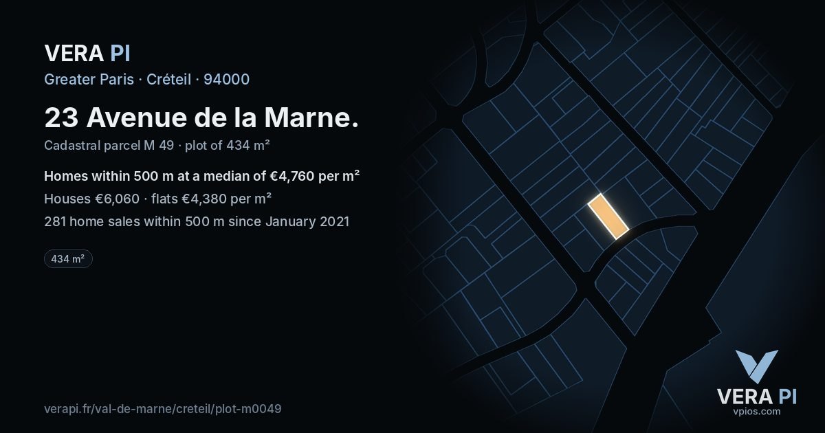 23 Avenue de la Marne, Créteil at night – the plot lit, the parcels around coloured by the prices near them