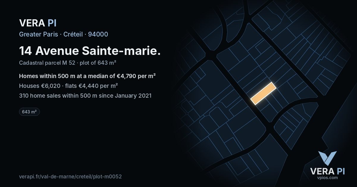 14 Avenue Sainte-marie, Créteil at night – the plot lit, the parcels around coloured by the prices near them