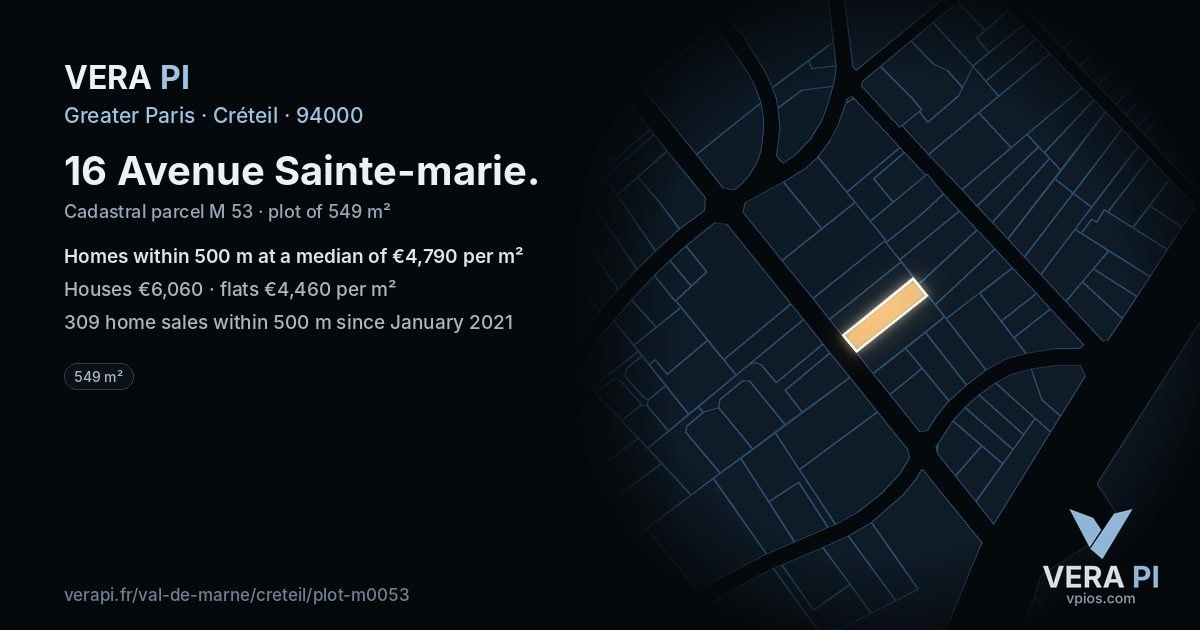 16 Avenue Sainte-marie, Créteil at night – the plot lit, the parcels around coloured by the prices near them