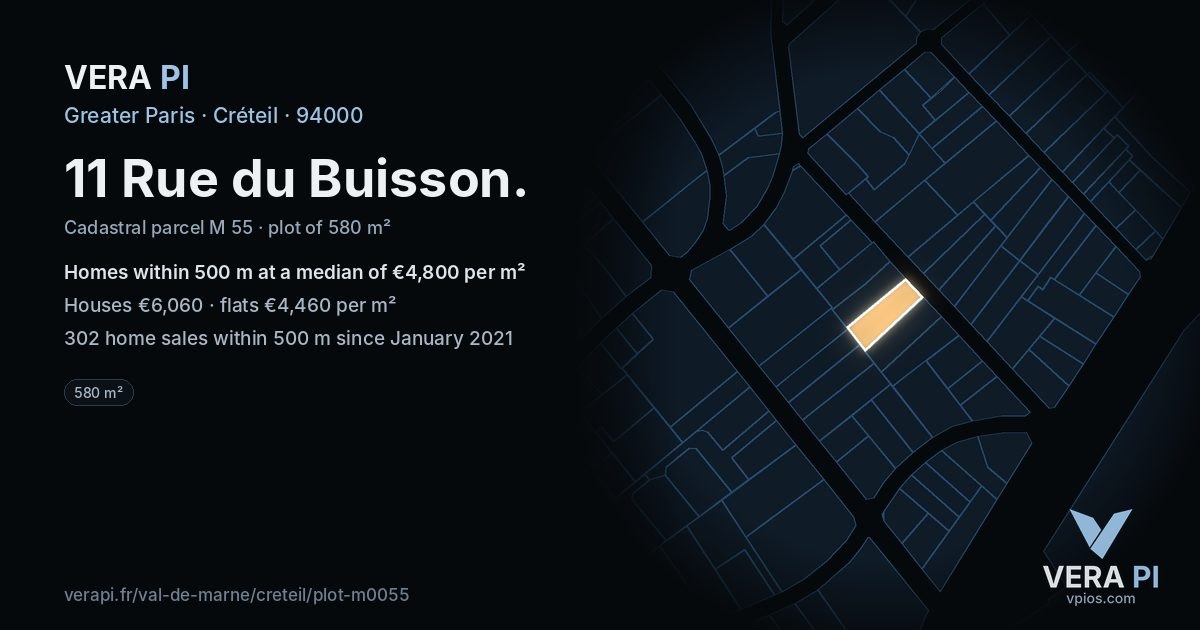 11 Rue du Buisson, Créteil at night – the plot lit, the parcels around coloured by the prices near them