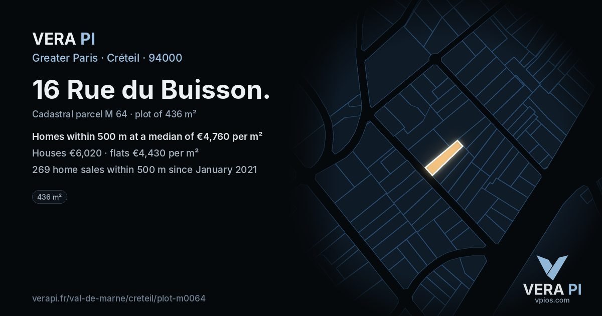 16 Rue du Buisson, Créteil at night – the plot lit, the parcels around coloured by the prices near them