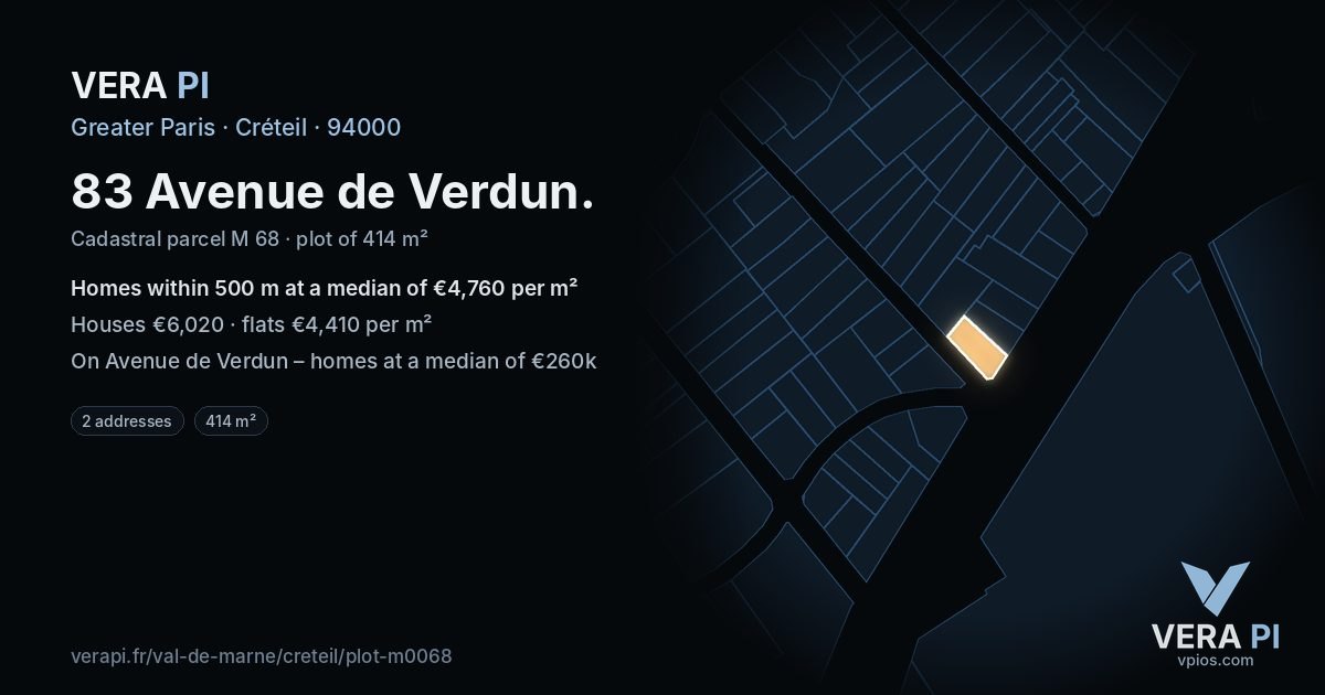 83 Avenue de Verdun, Créteil at night – the plot lit, the parcels around coloured by the prices near them