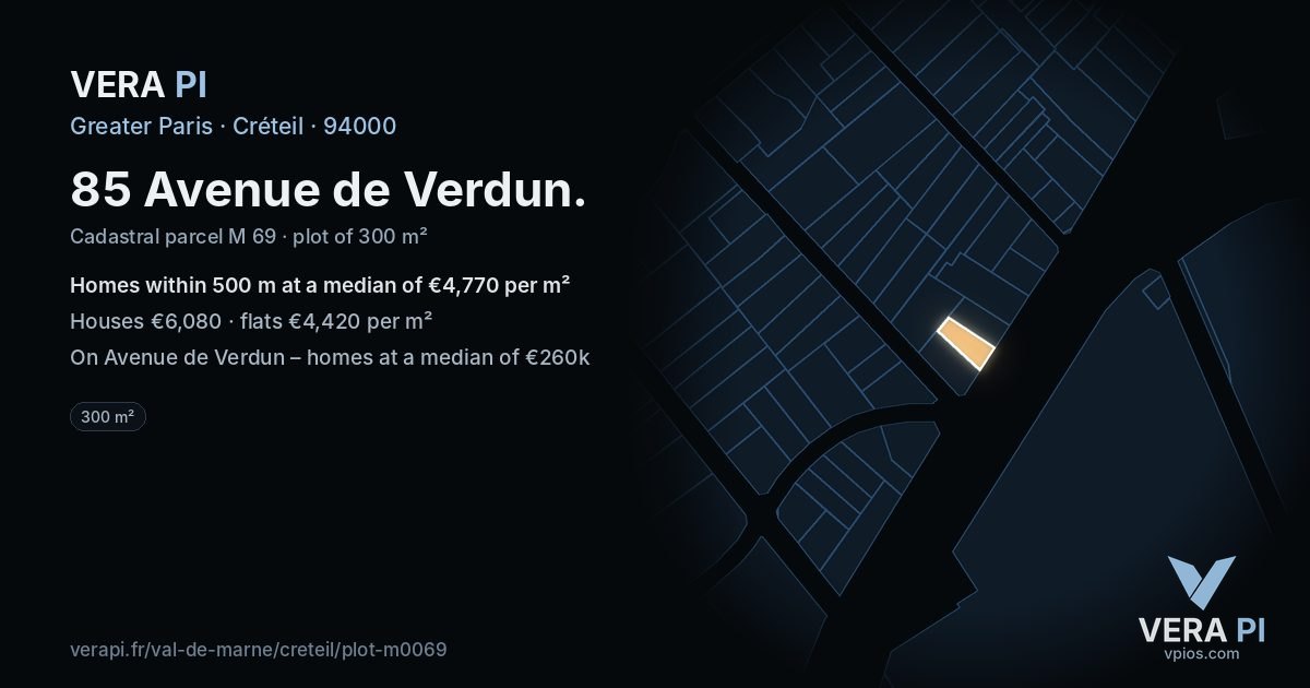 85 Avenue de Verdun, Créteil at night – the plot lit, the parcels around coloured by the prices near them