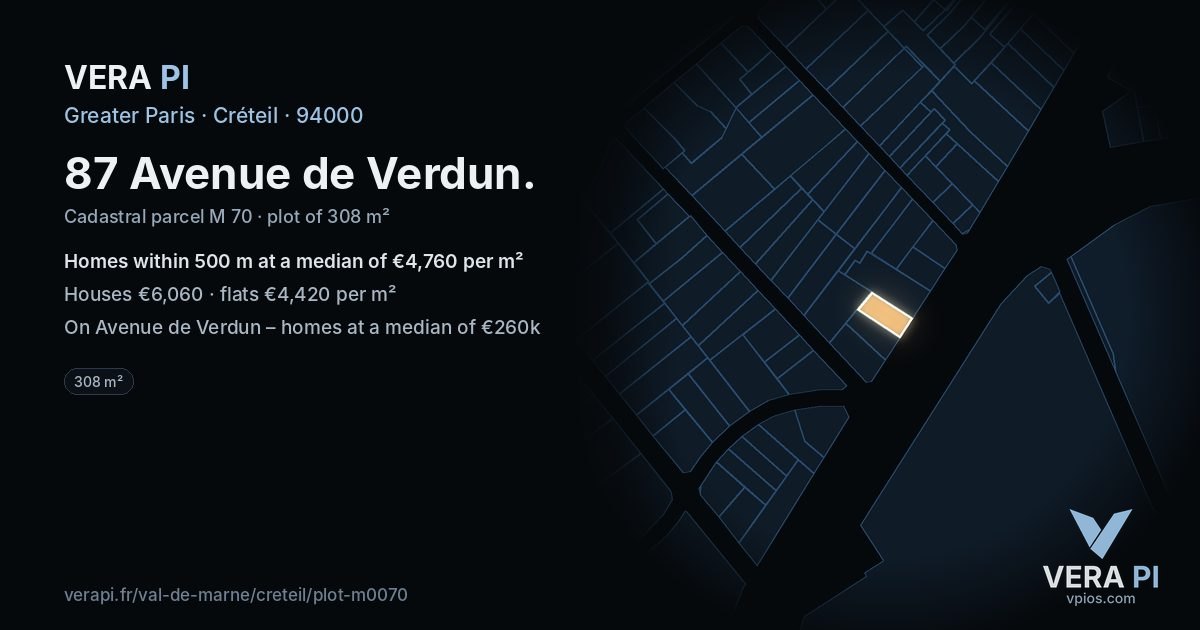 87 Avenue de Verdun, Créteil at night – the plot lit, the parcels around coloured by the prices near them