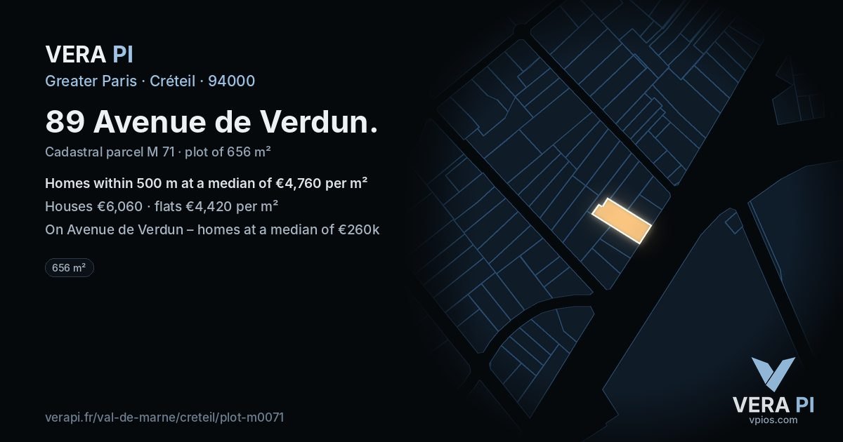 89 Avenue de Verdun, Créteil at night – the plot lit, the parcels around coloured by the prices near them