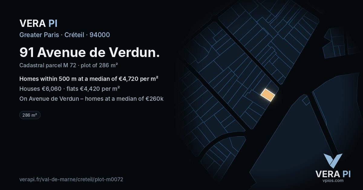 91 Avenue de Verdun, Créteil at night – the plot lit, the parcels around coloured by the prices near them