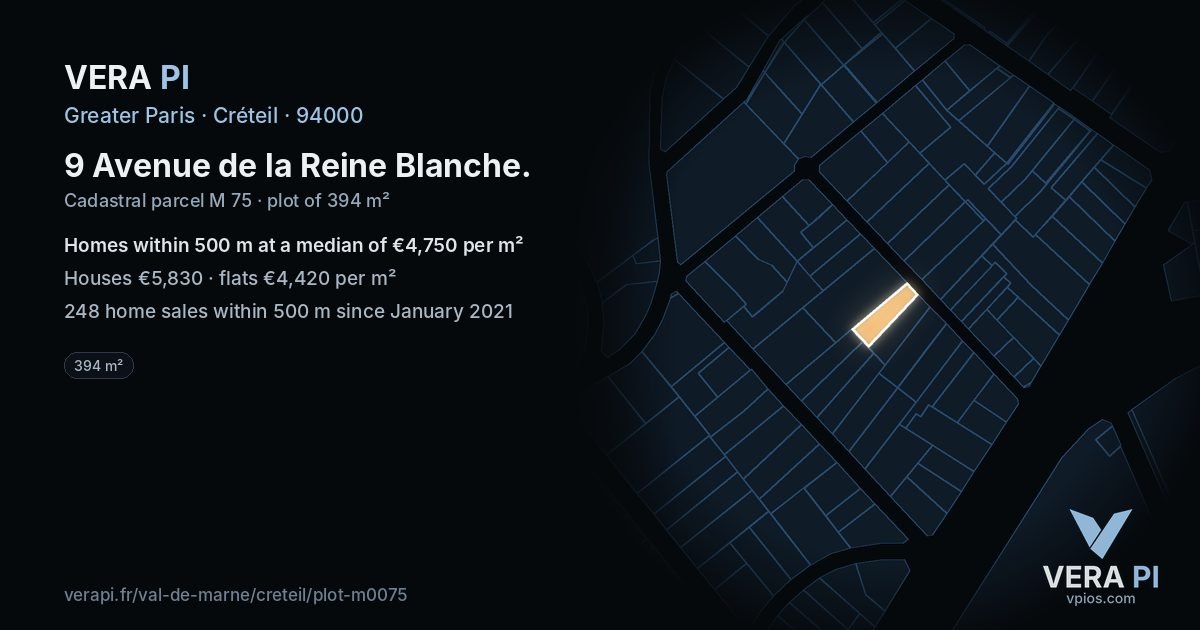 9 Avenue de la Reine Blanche, Créteil at night – the plot lit, the parcels around coloured by the prices near them