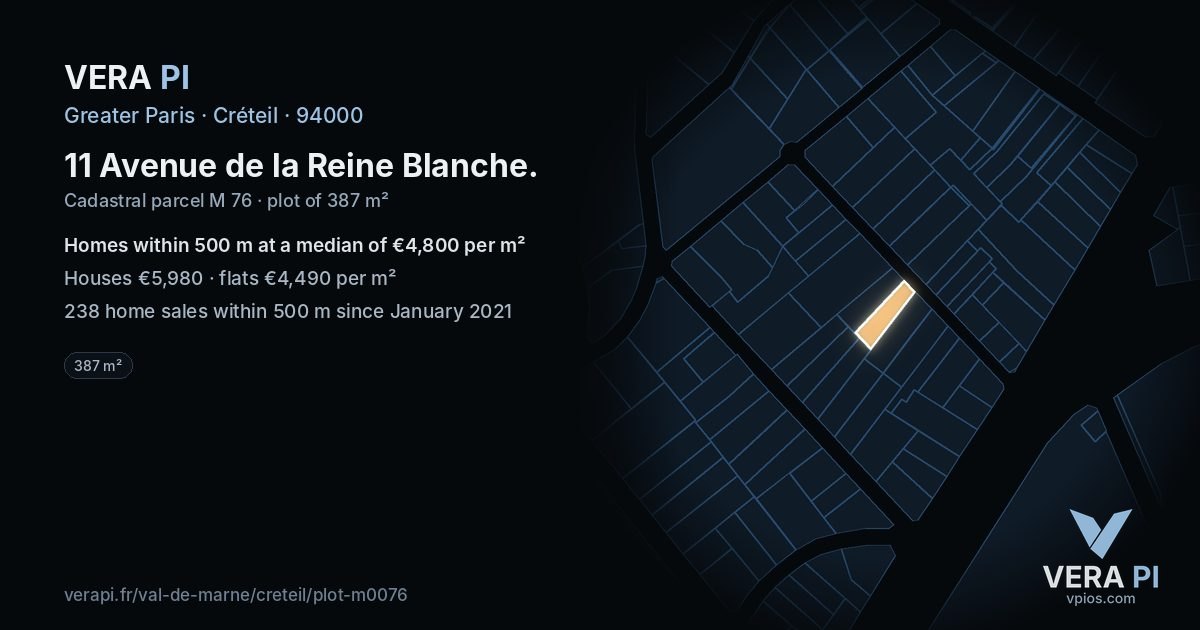 11 Avenue de la Reine Blanche, Créteil at night – the plot lit, the parcels around coloured by the prices near them