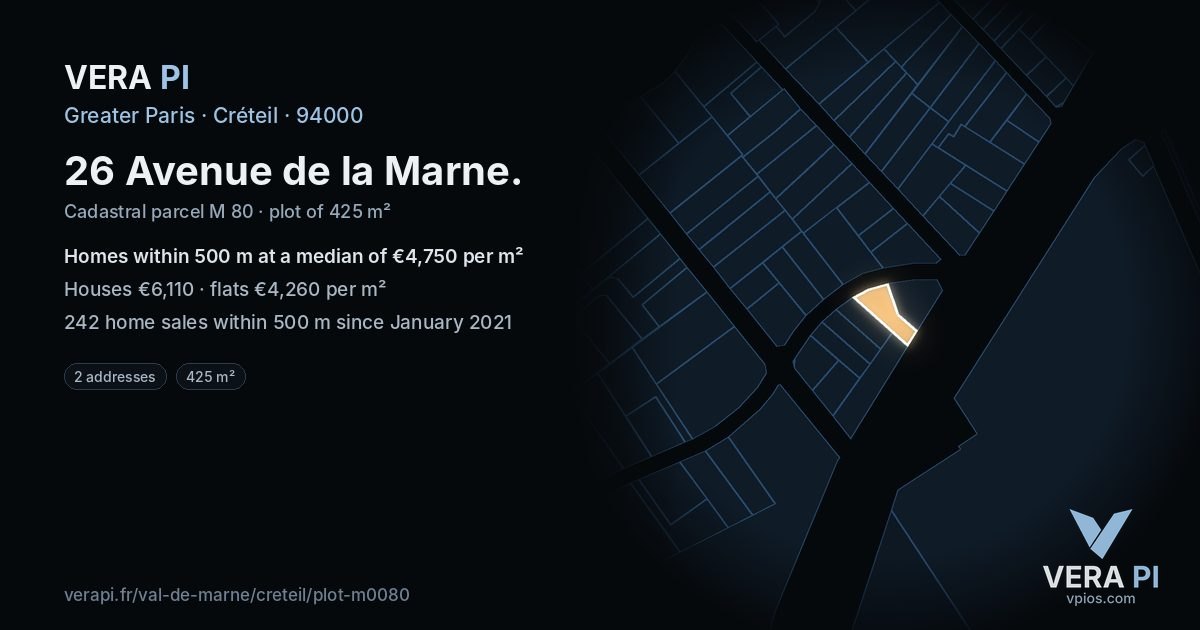 26 Avenue de la Marne, Créteil at night – the plot lit, the parcels around coloured by the prices near them