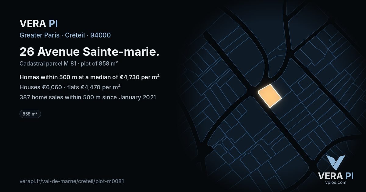 26 Avenue Sainte-marie, Créteil at night – the plot lit, the parcels around coloured by the prices near them