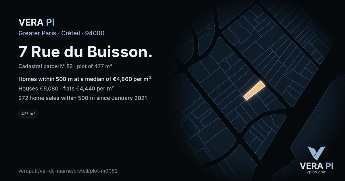 7 Rue du Buisson, Créteil at night – the plot lit, the parcels around coloured by the prices near them