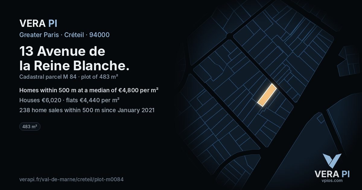 13 Avenue de la Reine Blanche, Créteil at night – the plot lit, the parcels around coloured by the prices near them
