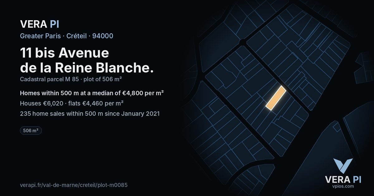 11 bis Avenue de la Reine Blanche, Créteil at night – the plot lit, the parcels around coloured by the prices near them