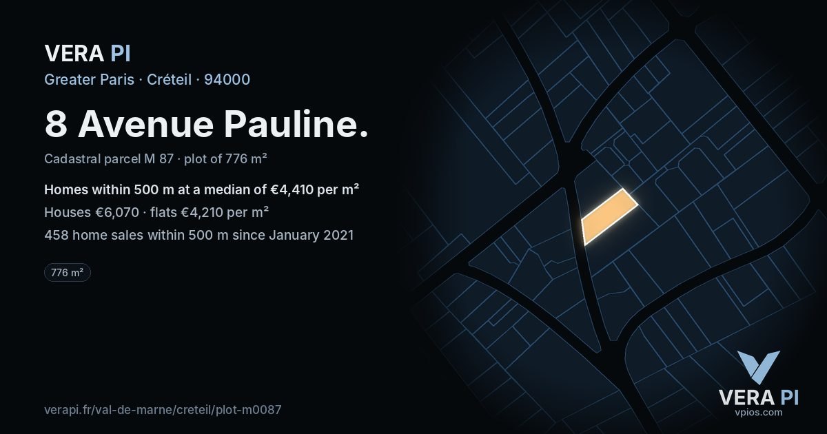8 Avenue Pauline, Créteil at night – the plot lit, the parcels around coloured by the prices near them