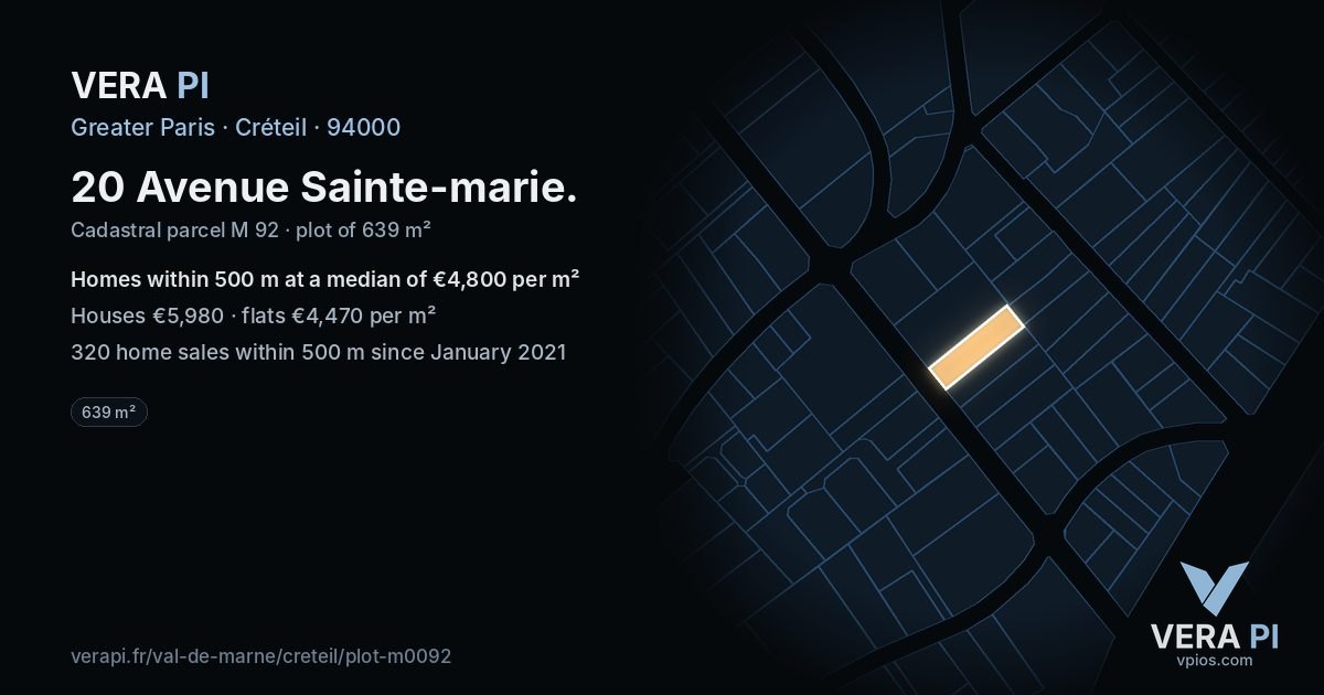 20 Avenue Sainte-marie, Créteil at night – the plot lit, the parcels around coloured by the prices near them