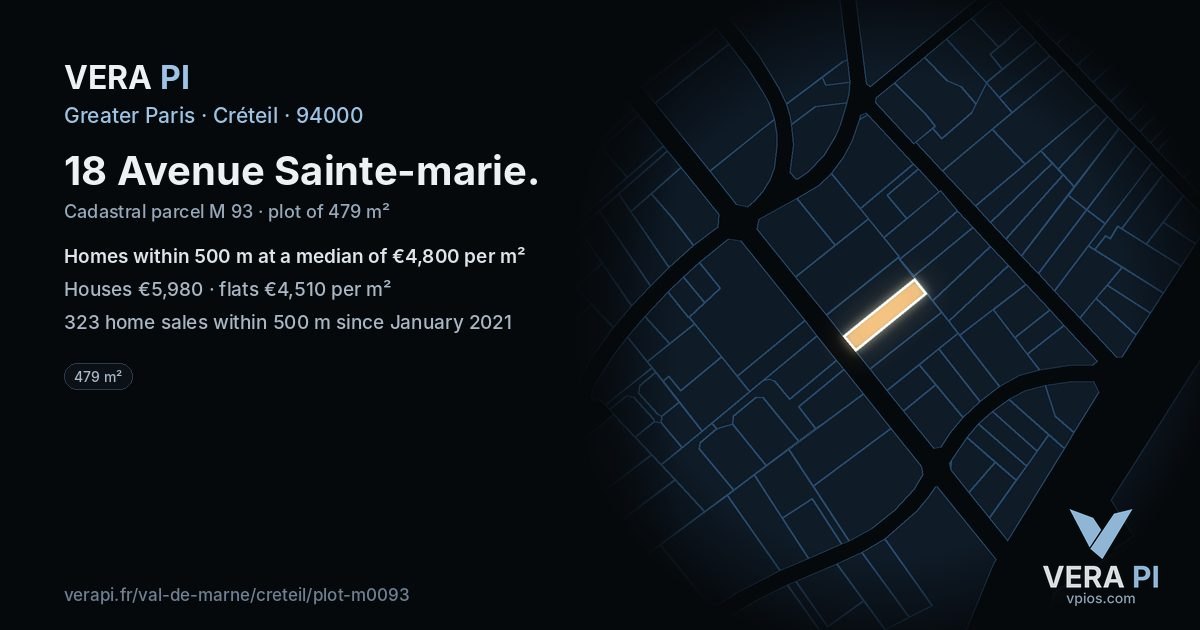 18 Avenue Sainte-marie, Créteil at night – the plot lit, the parcels around coloured by the prices near them