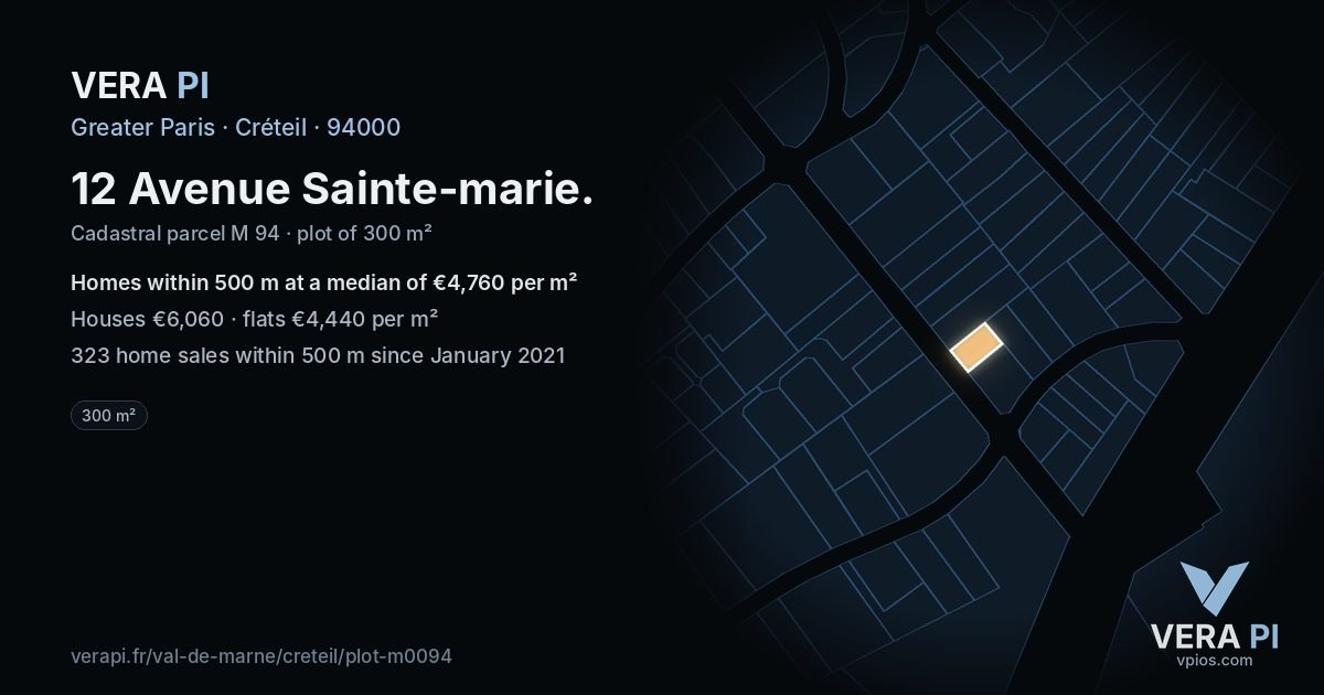 12 Avenue Sainte-marie, Créteil at night – the plot lit, the parcels around coloured by the prices near them