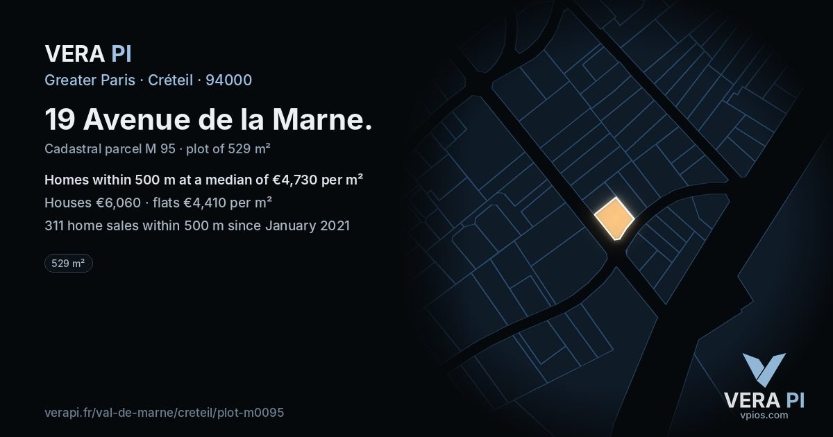 19 Avenue de la Marne, Créteil at night – the plot lit, the parcels around coloured by the prices near them