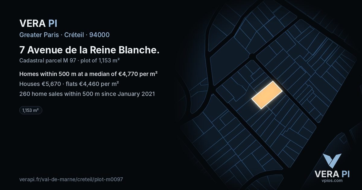 7 Avenue de la Reine Blanche, Créteil at night – the plot lit, the parcels around coloured by the prices near them