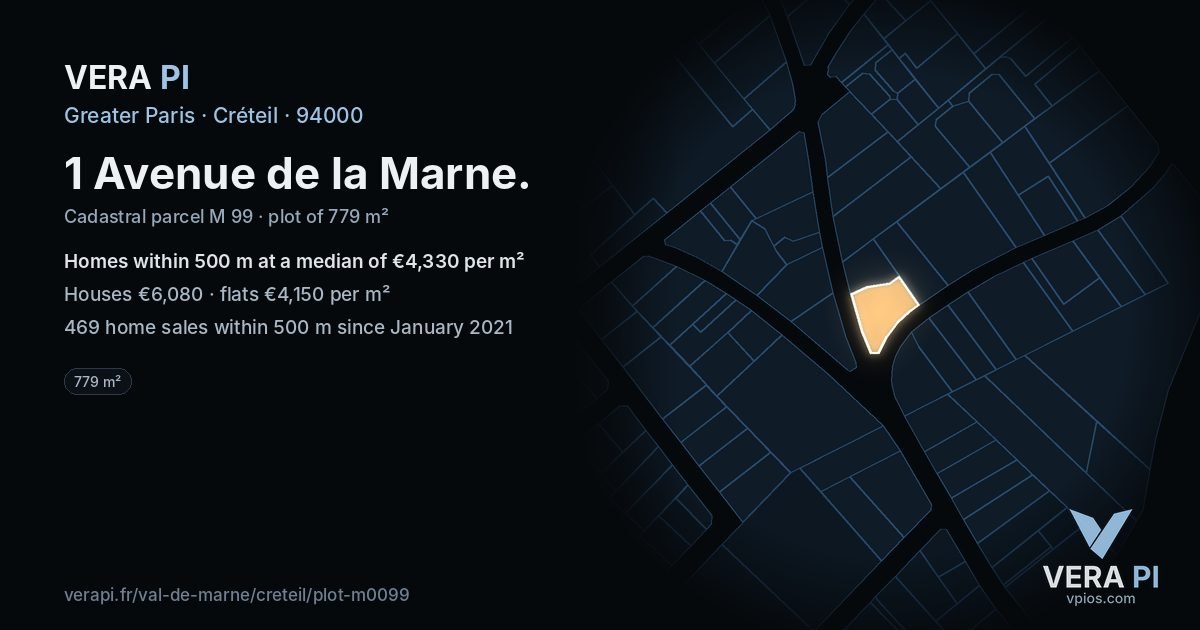 1 Avenue de la Marne, Créteil at night – the plot lit, the parcels around coloured by the prices near them