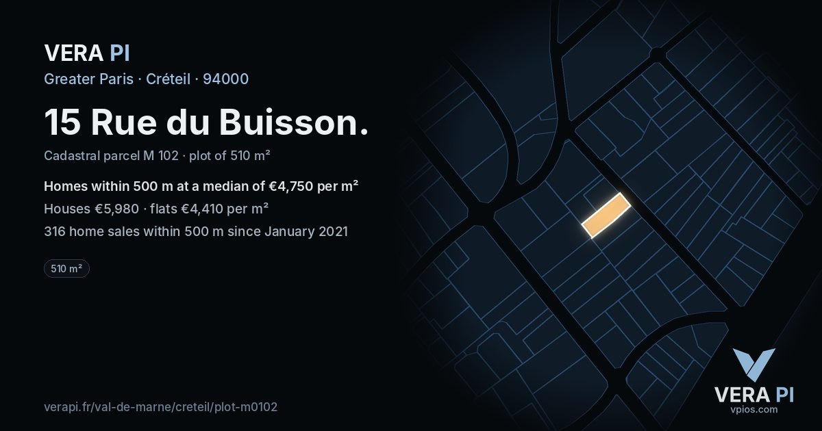 15 Rue du Buisson, Créteil at night – the plot lit, the parcels around coloured by the prices near them