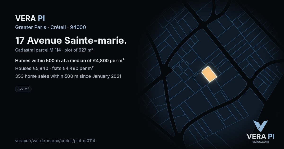 17 Avenue Sainte-marie, Créteil at night – the plot lit, the parcels around coloured by the prices near them