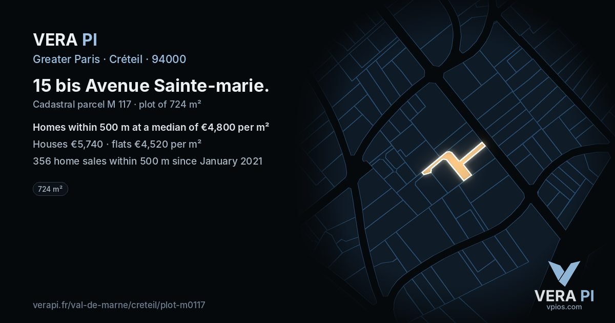 15 bis Avenue Sainte-marie, Créteil at night – the plot lit, the parcels around coloured by the prices near them