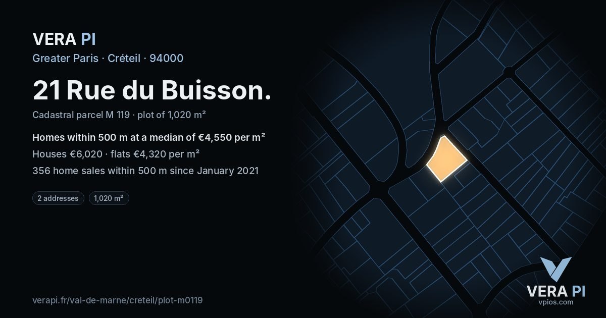 21 Rue du Buisson, Créteil at night – the plot lit, the parcels around coloured by the prices near them