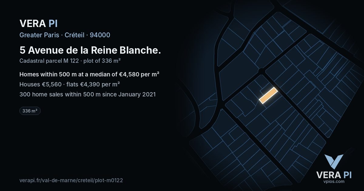 5 Avenue de la Reine Blanche, Créteil at night – the plot lit, the parcels around coloured by the prices near them