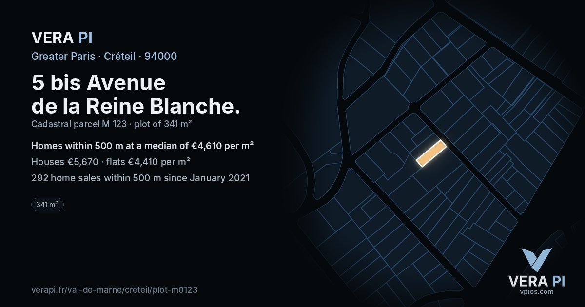 5 bis Avenue de la Reine Blanche, Créteil at night – the plot lit, the parcels around coloured by the prices near them