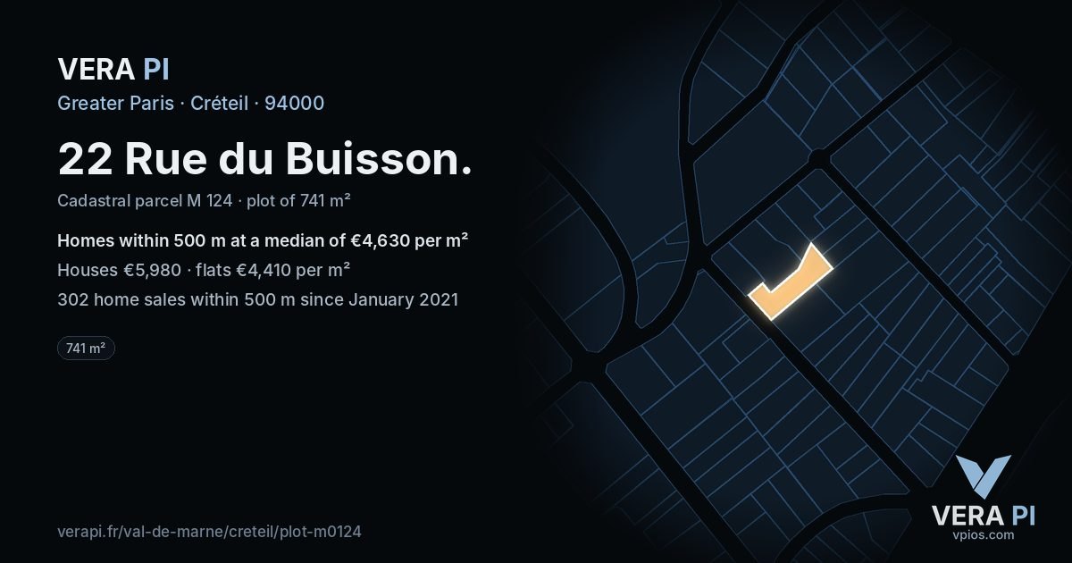 22 Rue du Buisson, Créteil at night – the plot lit, the parcels around coloured by the prices near them